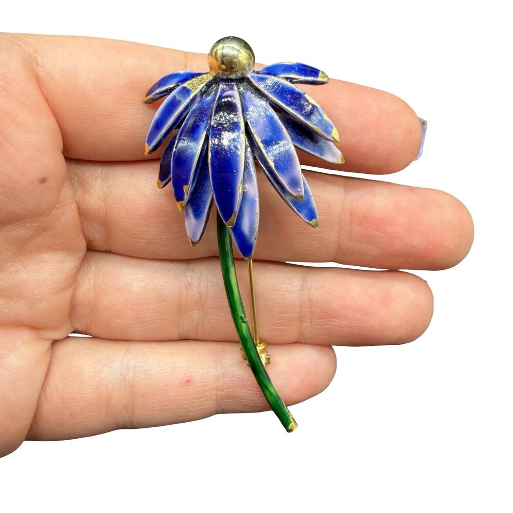 Signed Zentall Blue Enamel Flower Brooch, Gold Tone Echinacea Pin